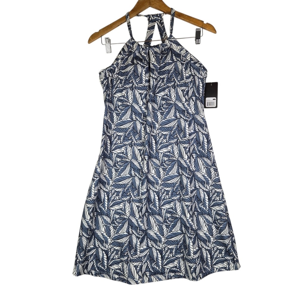 Eddie Bauer Harmony Blue White Leaf Print Halter Dress UPF 50 Sleeveless Small